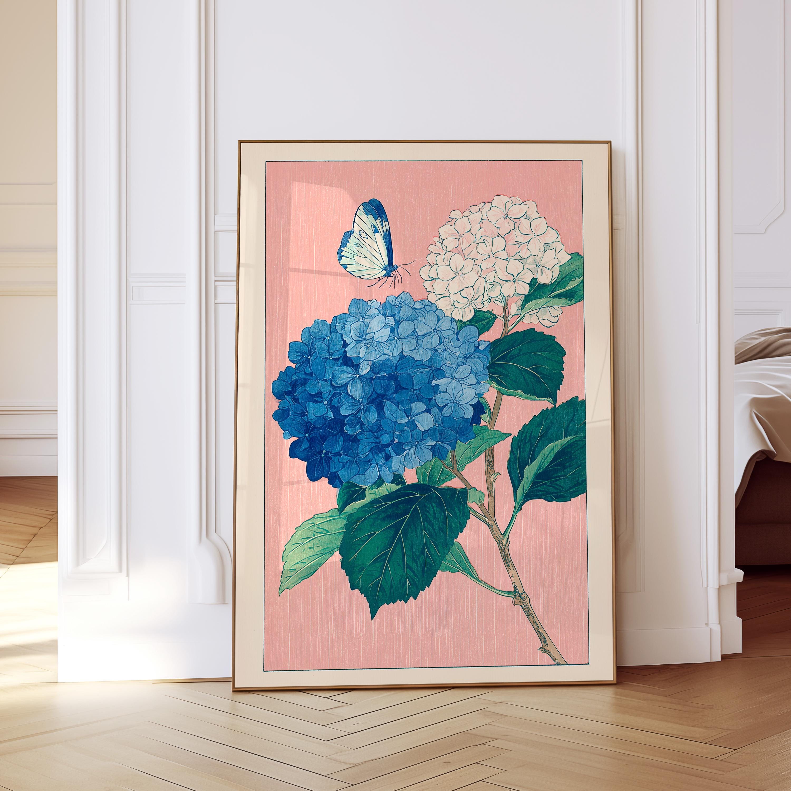 Hydrangea Wall Art Print, Blue Floral Poster, Botanical Flower Decor
