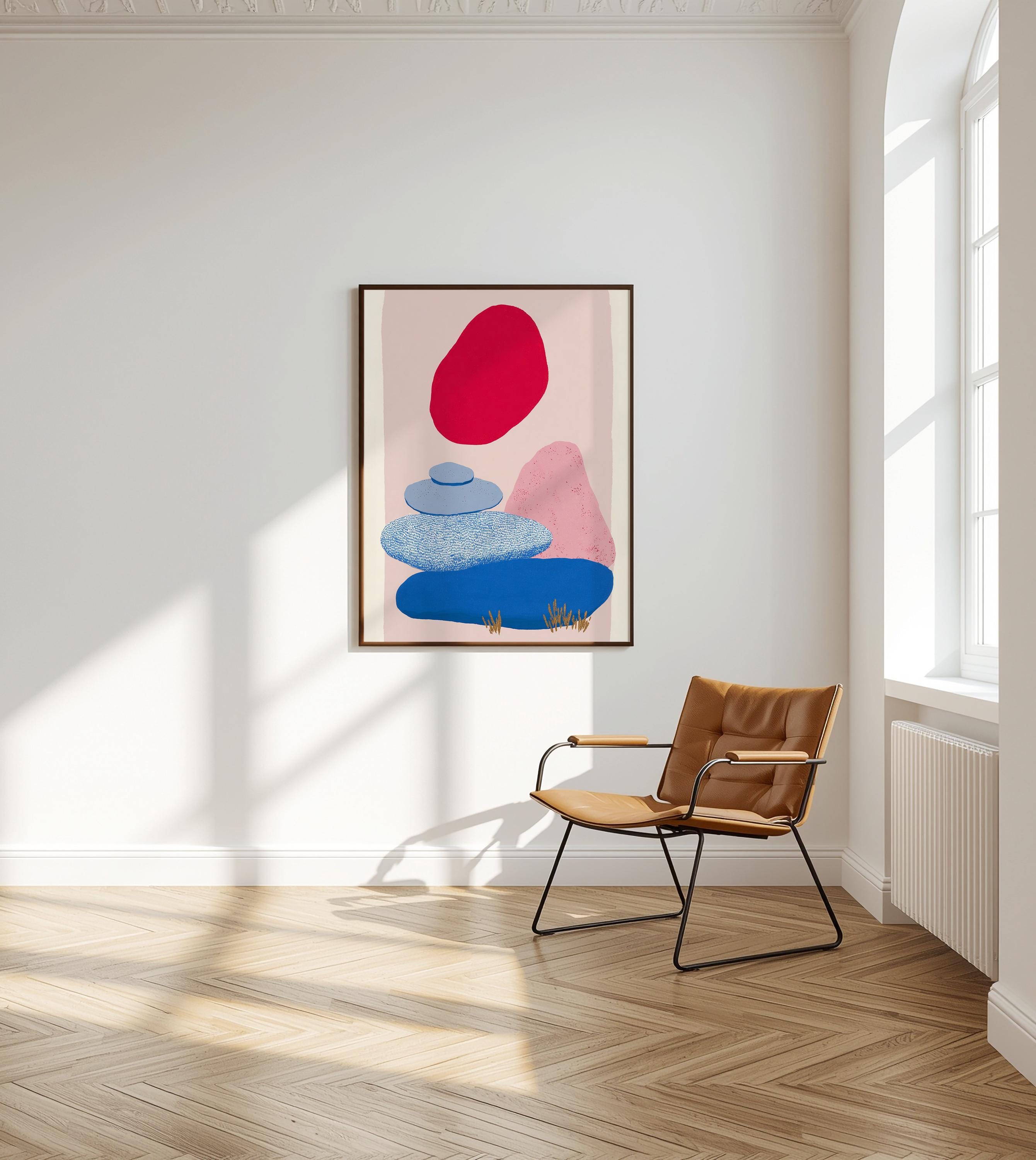 Abstract Landscape Art Print, Red Sun Blue Shapes, Boho Modern Wall Decor