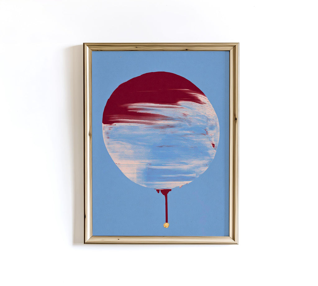 Crimson Circle Abstract Print, Blue Drip Painting Poster, Modern Geometric Canvas Decor
