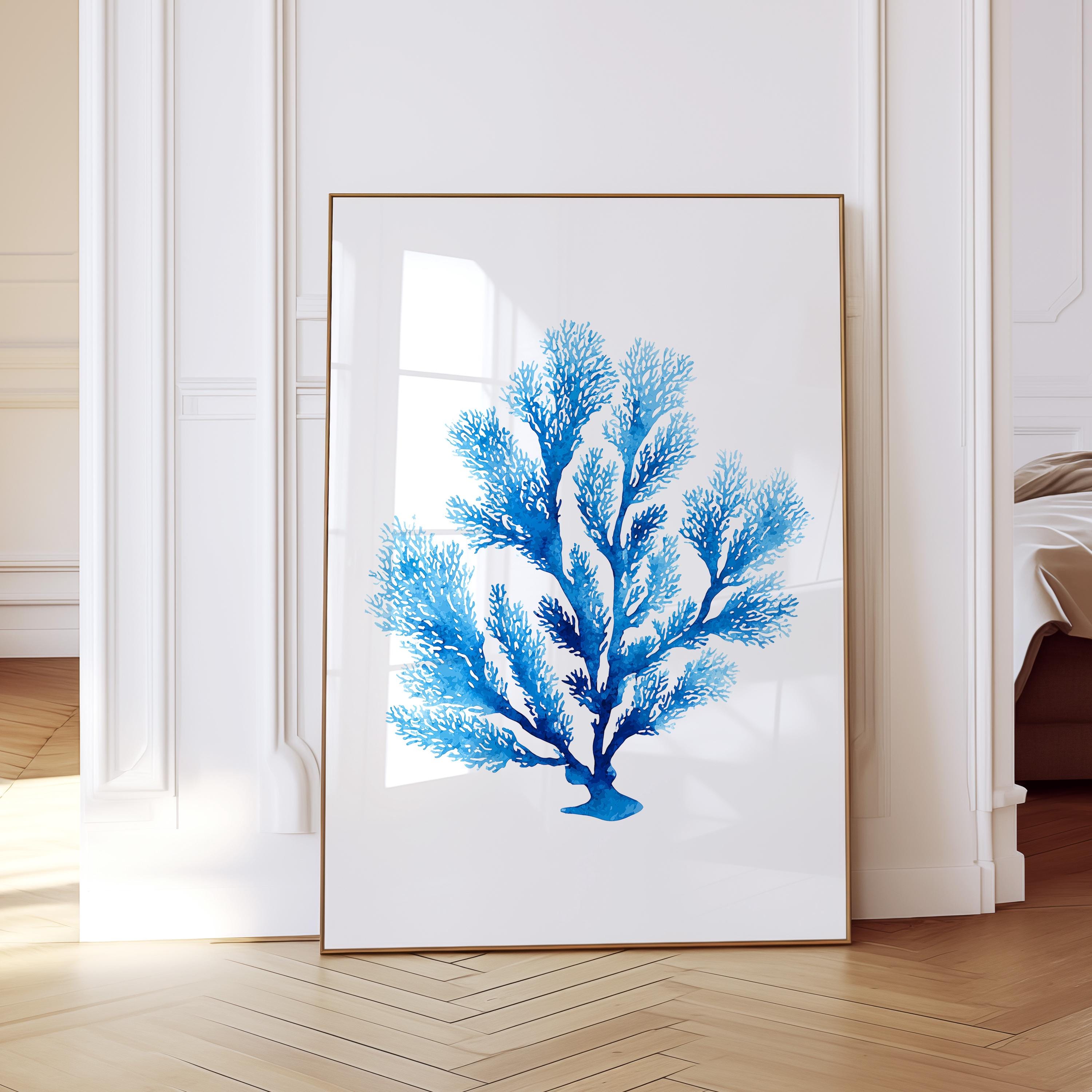 Blue Coral Wall Art Print, Coastal Wall Decor, Beach House Printable Art, Nautical Bathroom Decor, Ocean Inspired Minimalist Art