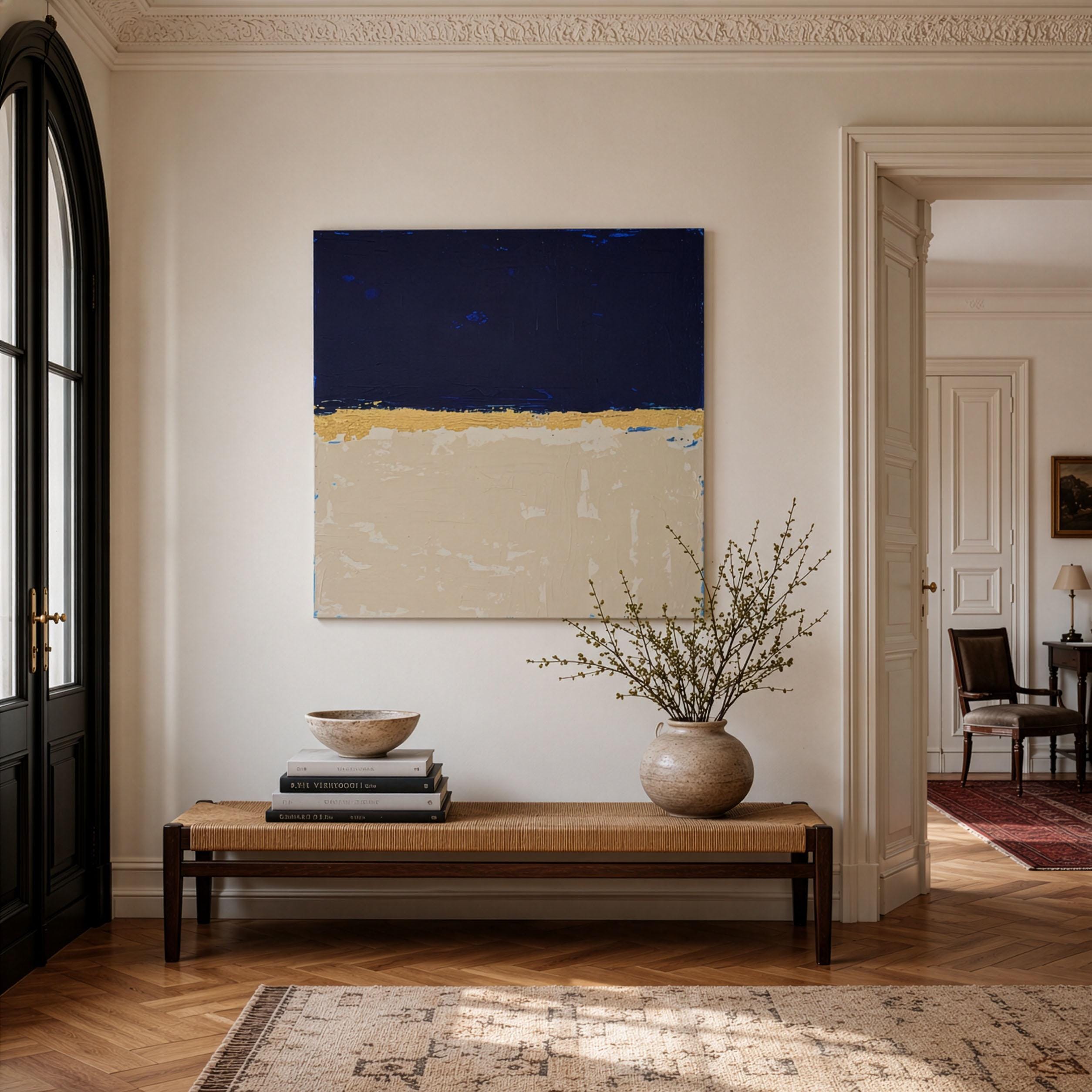 May include: A rectangular abstract painting featuring a deep navy blue upper section, a thin horizontal gold band, and a textured beige lower section. The artwork is displayed on a wall above a wooden bench with a woven seat, a stack of books, a bowl, and a vase.