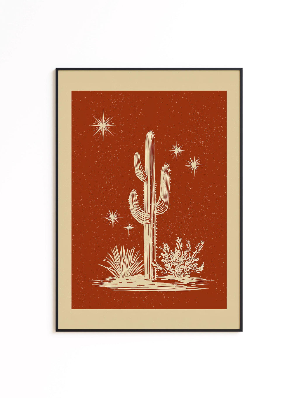 Cactus Wall Art Print, Terracotta Desert Poster, Southwestern Celestial Decor
