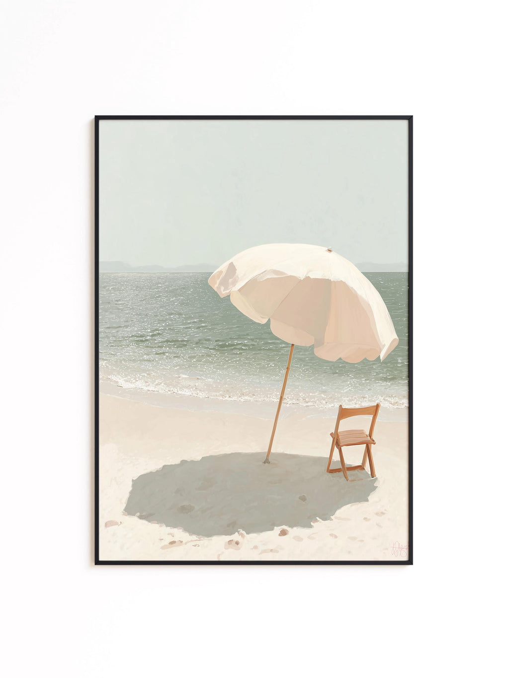 Beach Umbrella Art Print, Calm Ocean Poster, Neutral Seaside Wall Decor