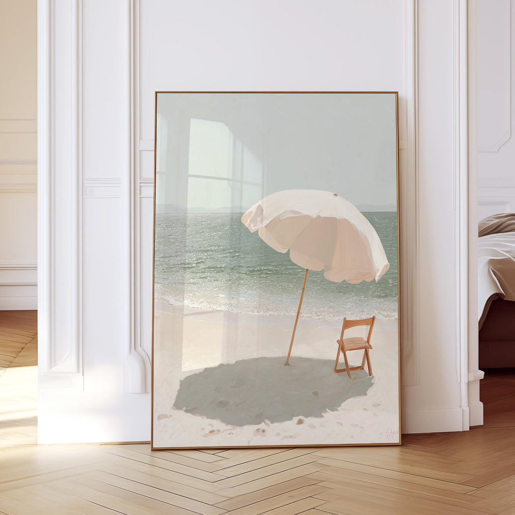 Beach Umbrella Art Print, Calm Ocean Poster, Neutral Seaside Wall Decor