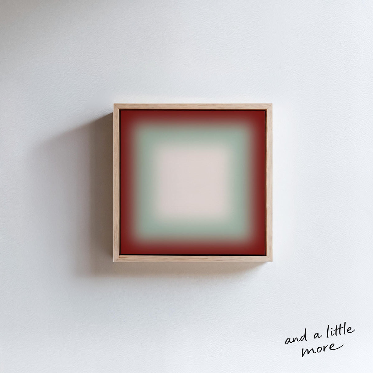 A square, abstract painting with a gradient of red and green colors, hanging on a white wall.