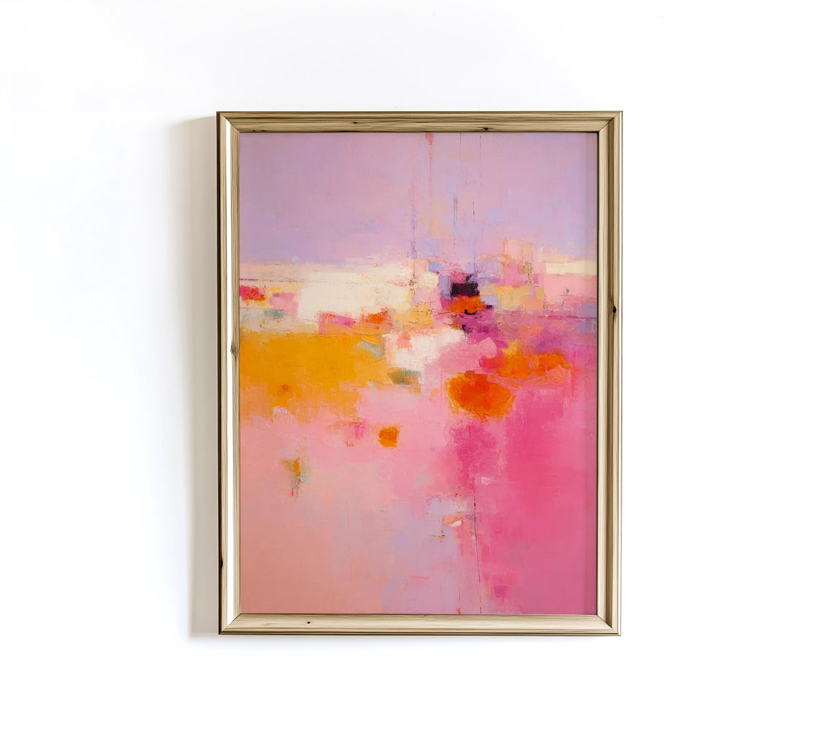 May include: Abstract painting in a gold frame. The artwork features a blend of colors, including pink, orange, yellow, and purple. The brushstrokes create a textured effect, with the colors blending to create a landscape-like composition.