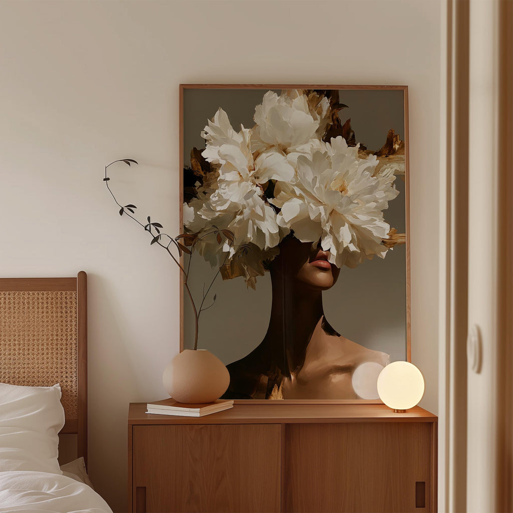 Black Woman Art Print, White Floral Portrait Poster, Elegant Wall Decor