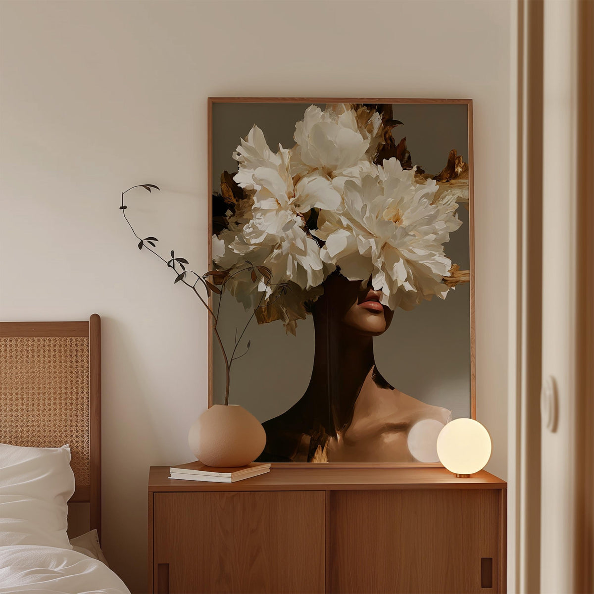 Black Woman Art Print, White Floral Portrait Poster, Elegant Wall Decor