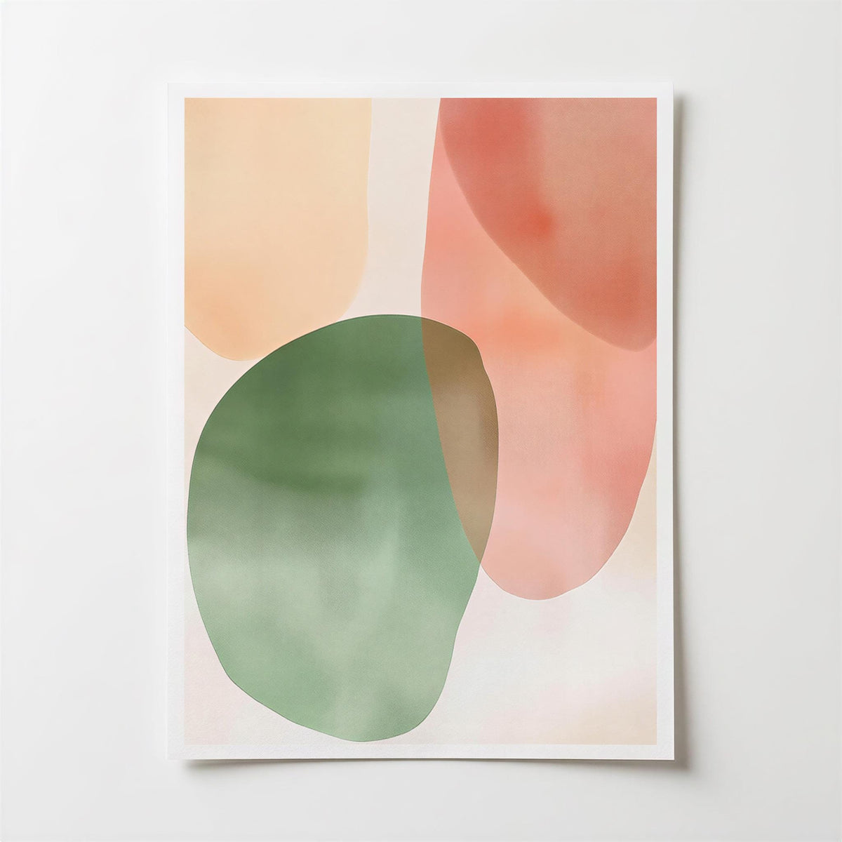 The image is a minimalist abstract artwork featuring a variety of colors and shapes, including shades of green, orange, and pink.