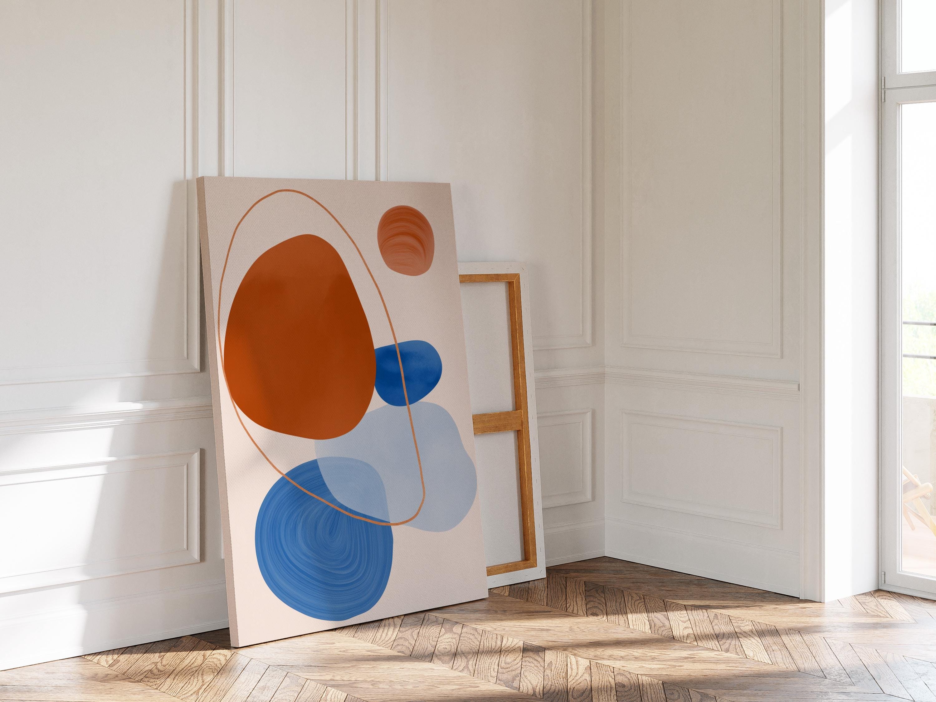 Orange Blue Abstract Art Print, Mid Century Modern Poster, Geometric Wall Decor