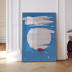 Abstract Blue Circle Print, White Brush Stroke Red Drip Art, Modern Gallery Decor