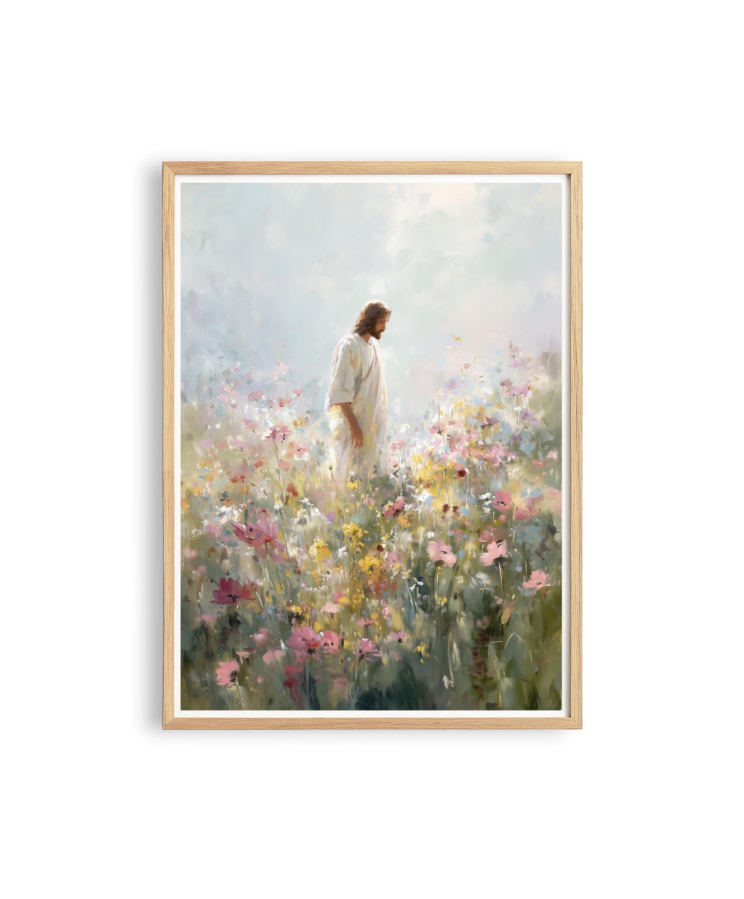 Jesus in Wildflower Field Print, Christian Wall Art, Faith Inspired Floral Painting, Bible Decor Printable Wall Art