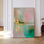 Emerald Mist Abstract Art, Serene Gradient Canvas, Misty Morning Landscape Painting