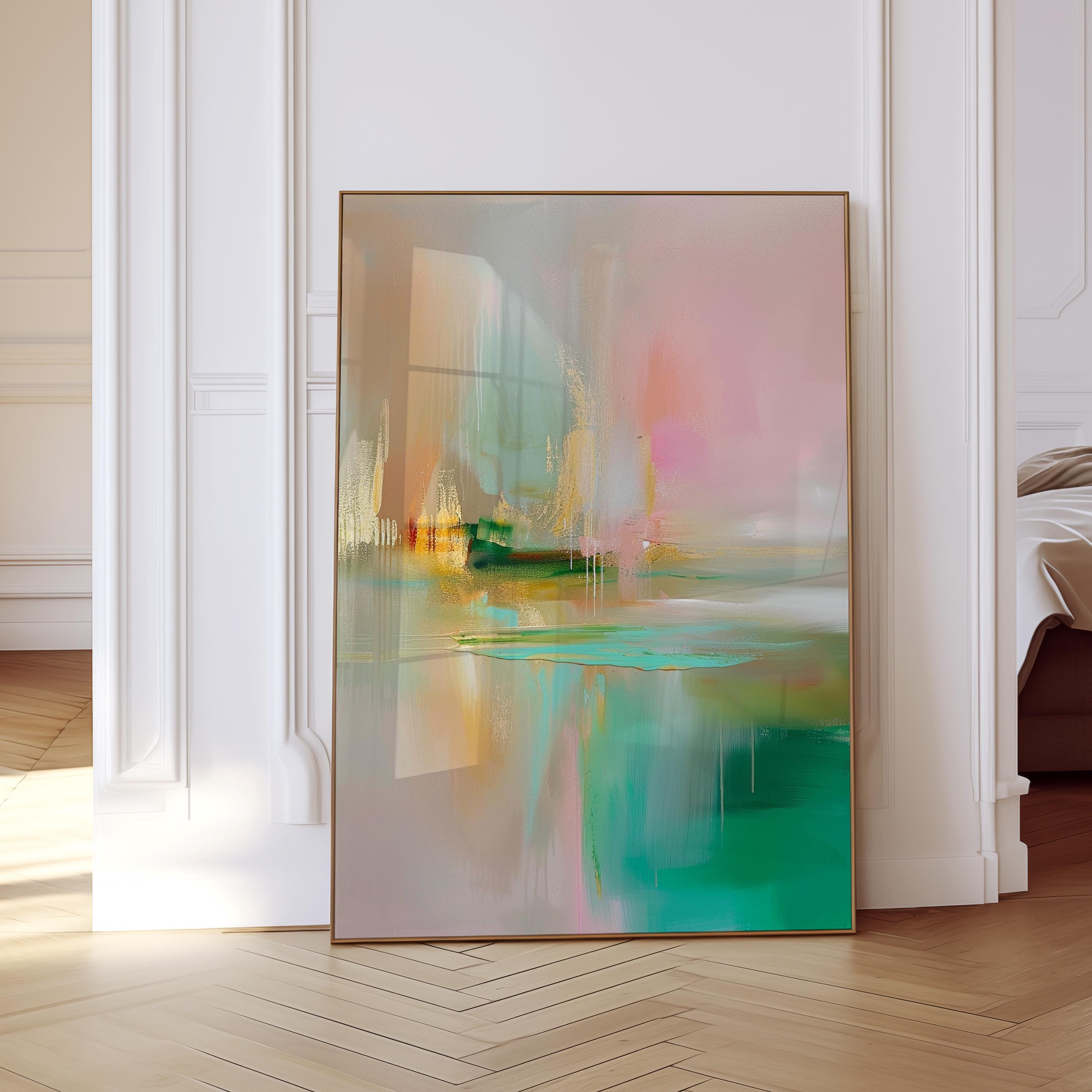 Emerald Mist Abstract Art, Serene Gradient Canvas, Misty Morning Landscape Painting
