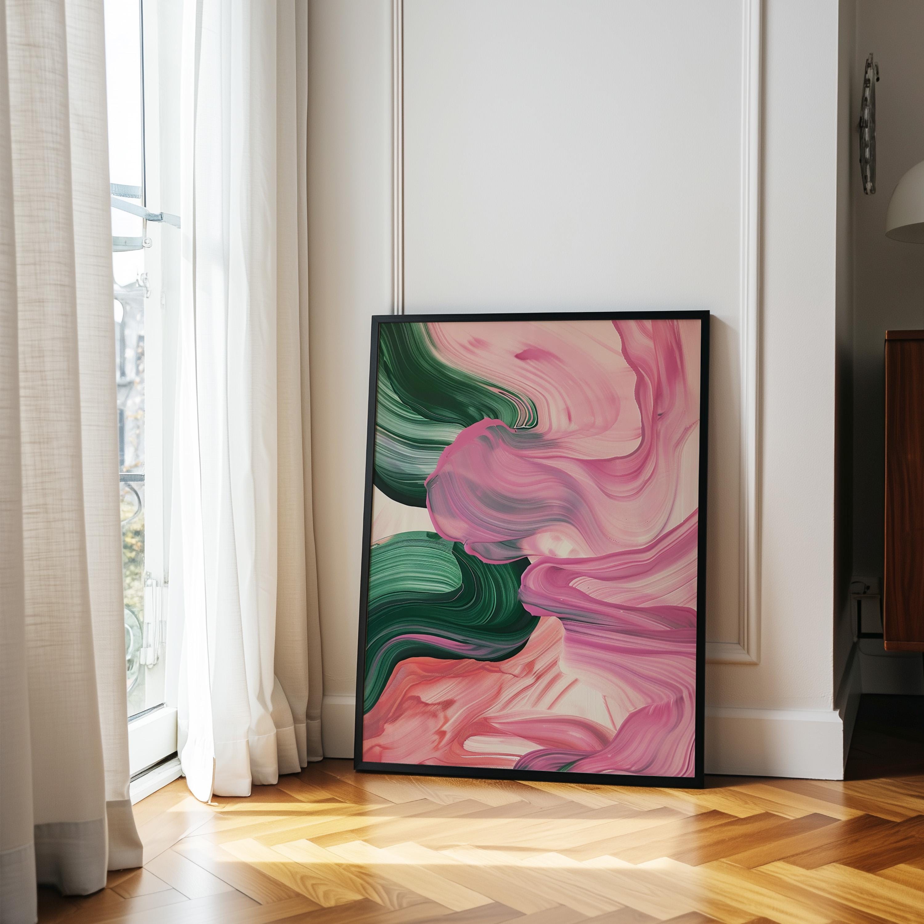 Texture Brushstroke ink Pink Green Abstract Wall Art, Modern Brushstroke Canvas Painting