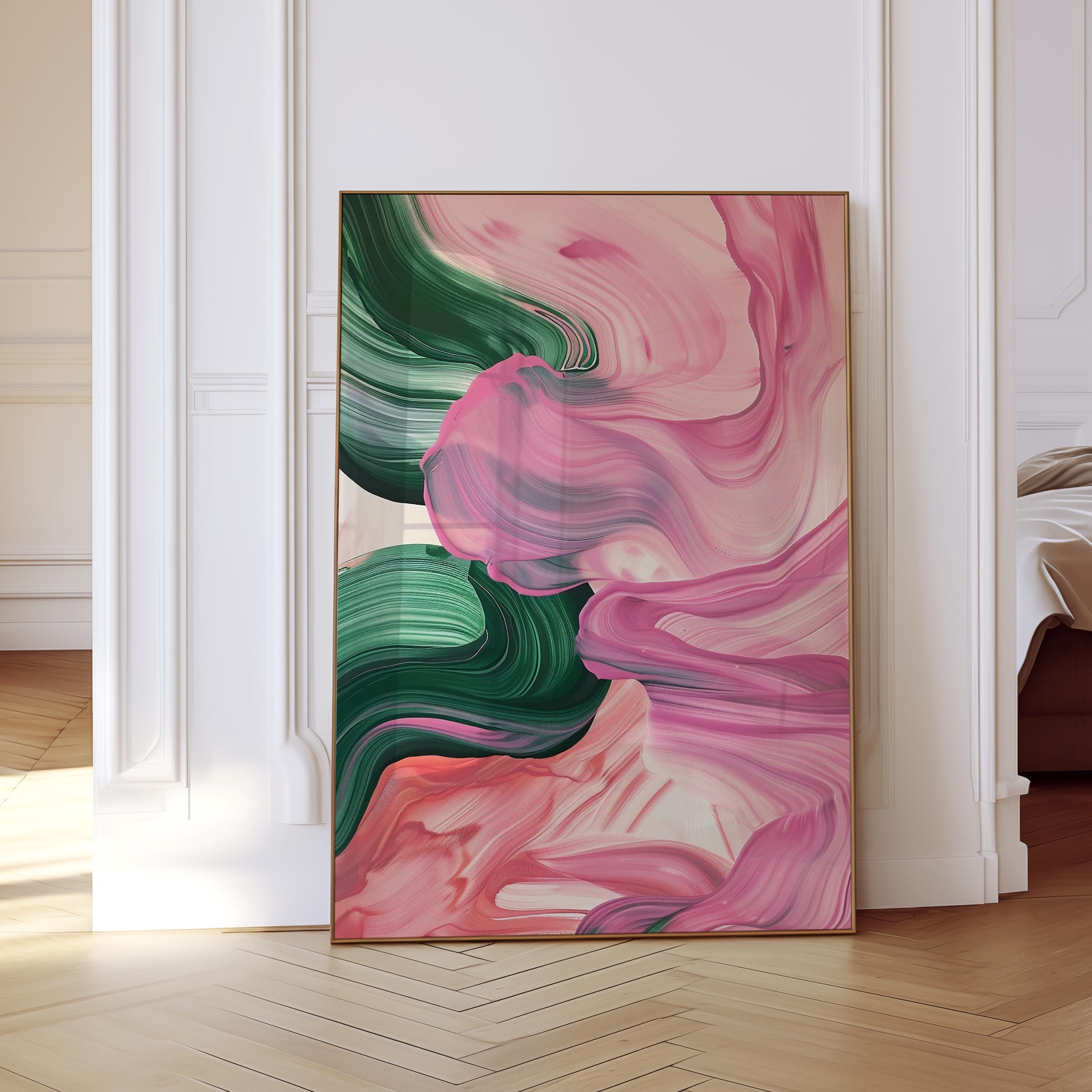 Texture Brushstroke ink Pink Green Abstract Wall Art, Modern Brushstroke Canvas Painting