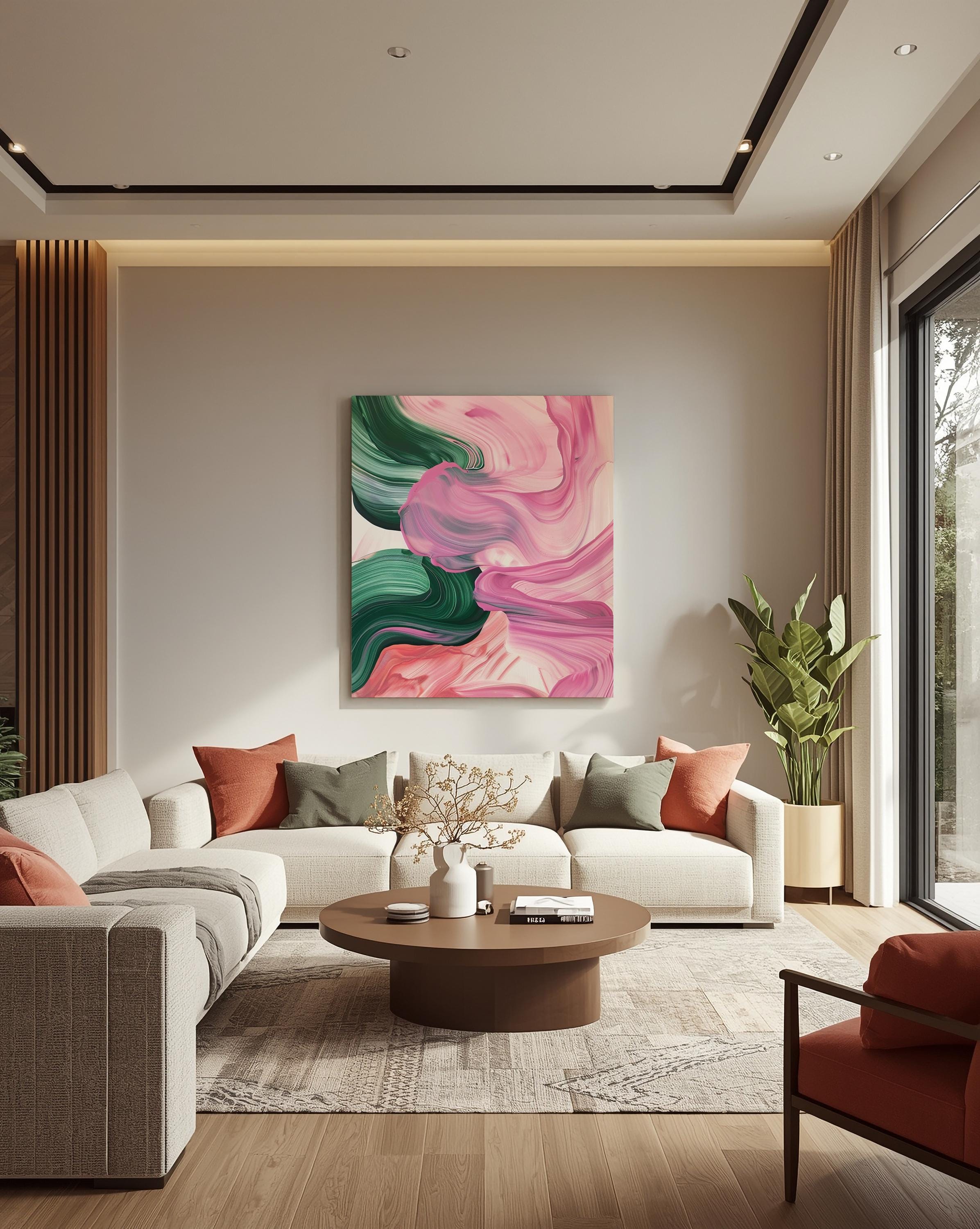 Texture Brushstroke ink Pink Green Abstract Wall Art, Modern Brushstroke Canvas Painting