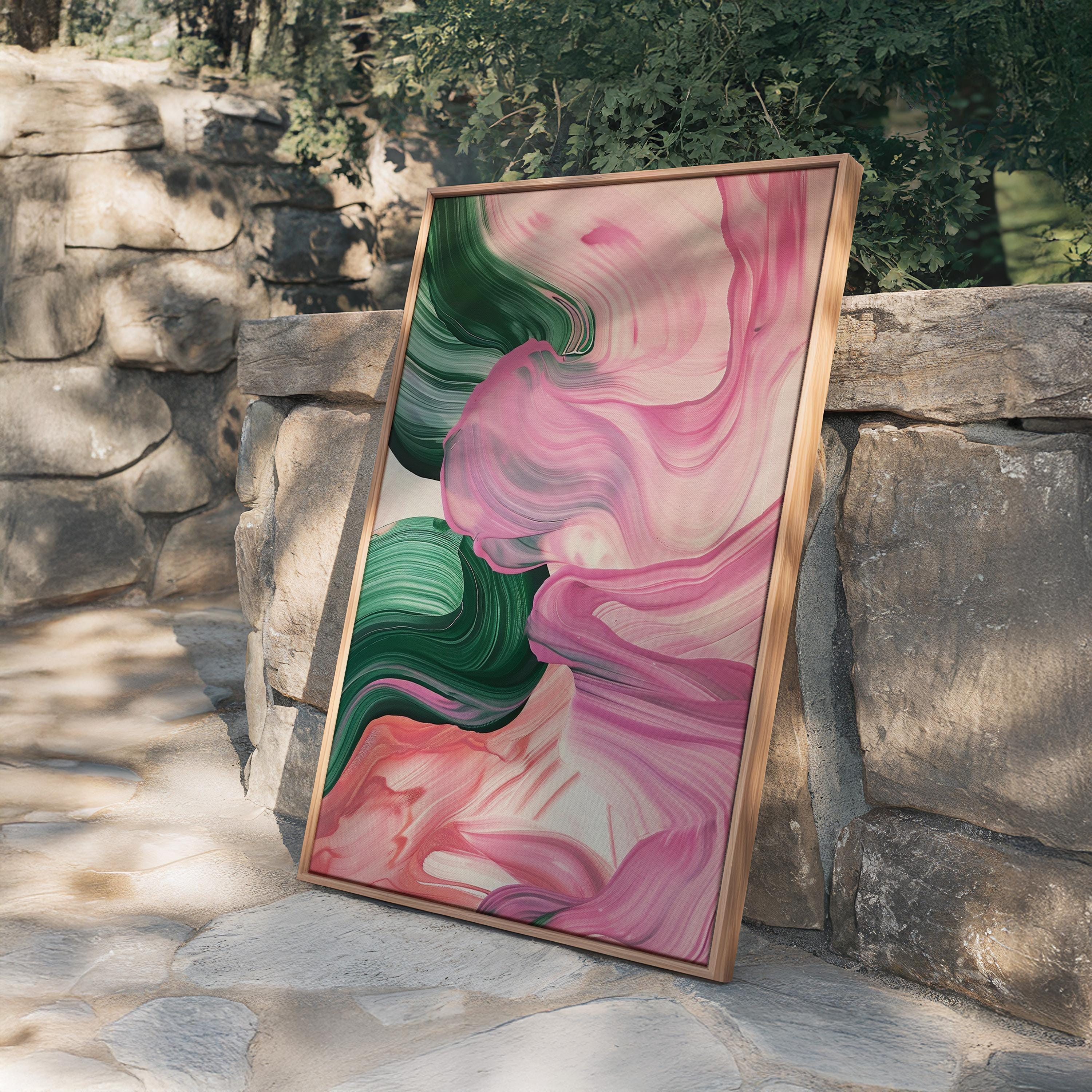 Texture Brushstroke ink Pink Green Abstract Wall Art, Modern Brushstroke Canvas Painting