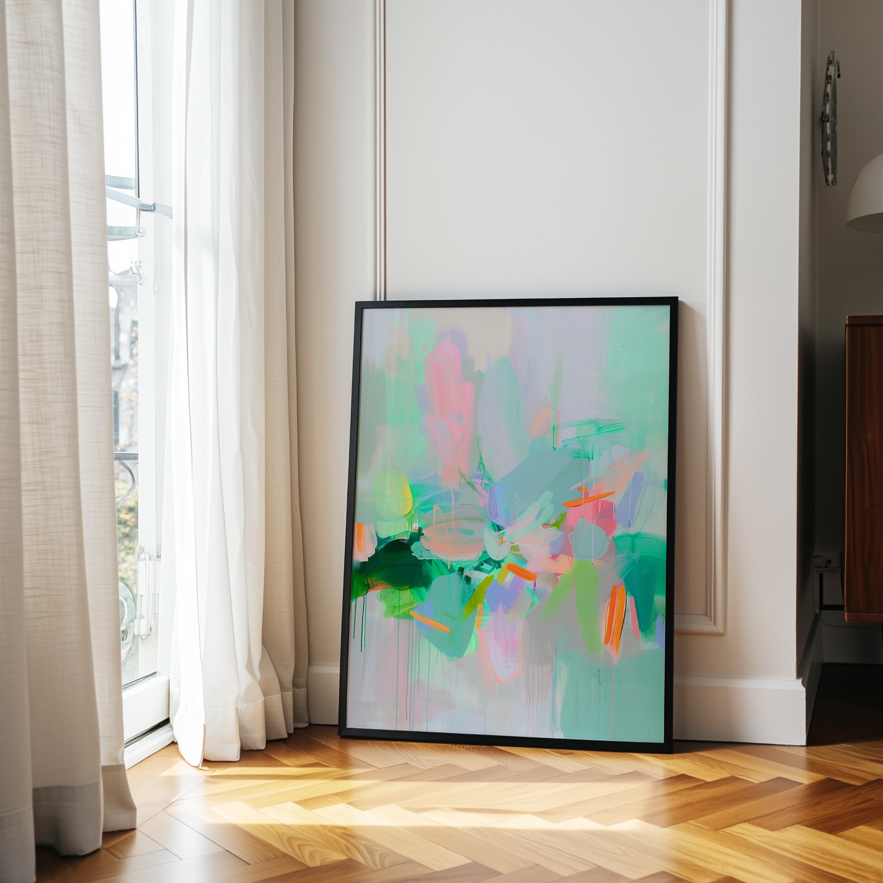 Mint Bloom Abstract Art Print | Pastel Green & Coral Painting | Modern Colorful Wall Decor