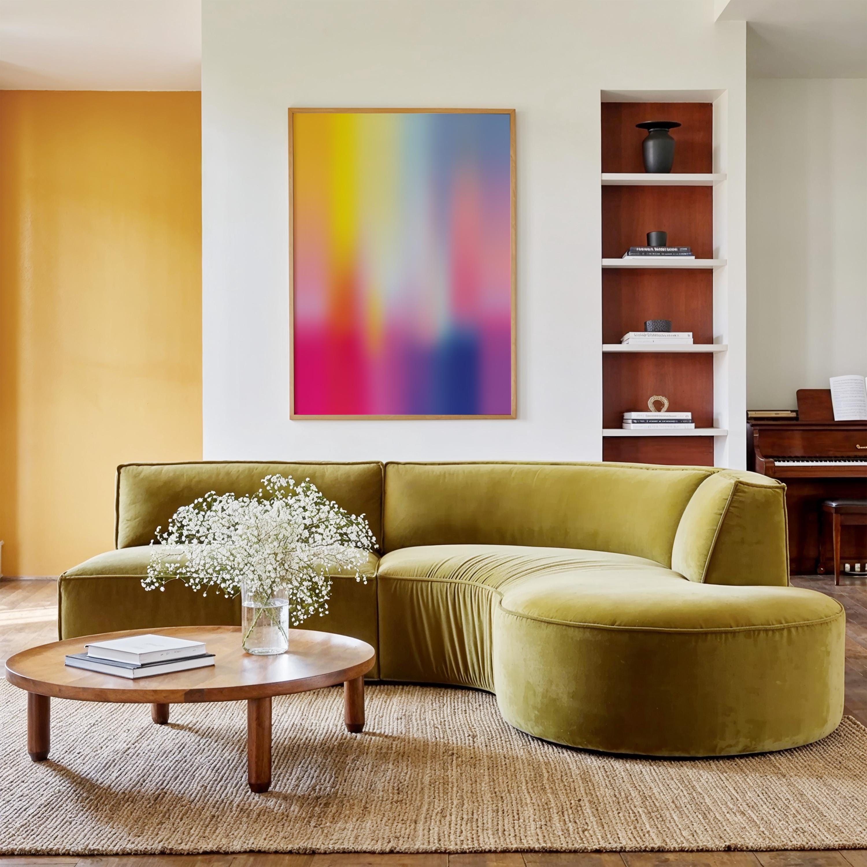 May include: A modern living room featuring a sectional sofa in olive green velvet, a round wooden coffee table, and a large abstract art piece with a colorful gradient. The room has a neutral color palette with a warm, inviting atmosphere.