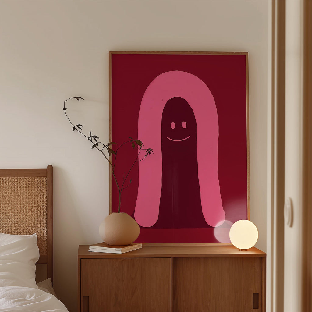 Pink Ghost Character Art Print for Playful Modern Decor