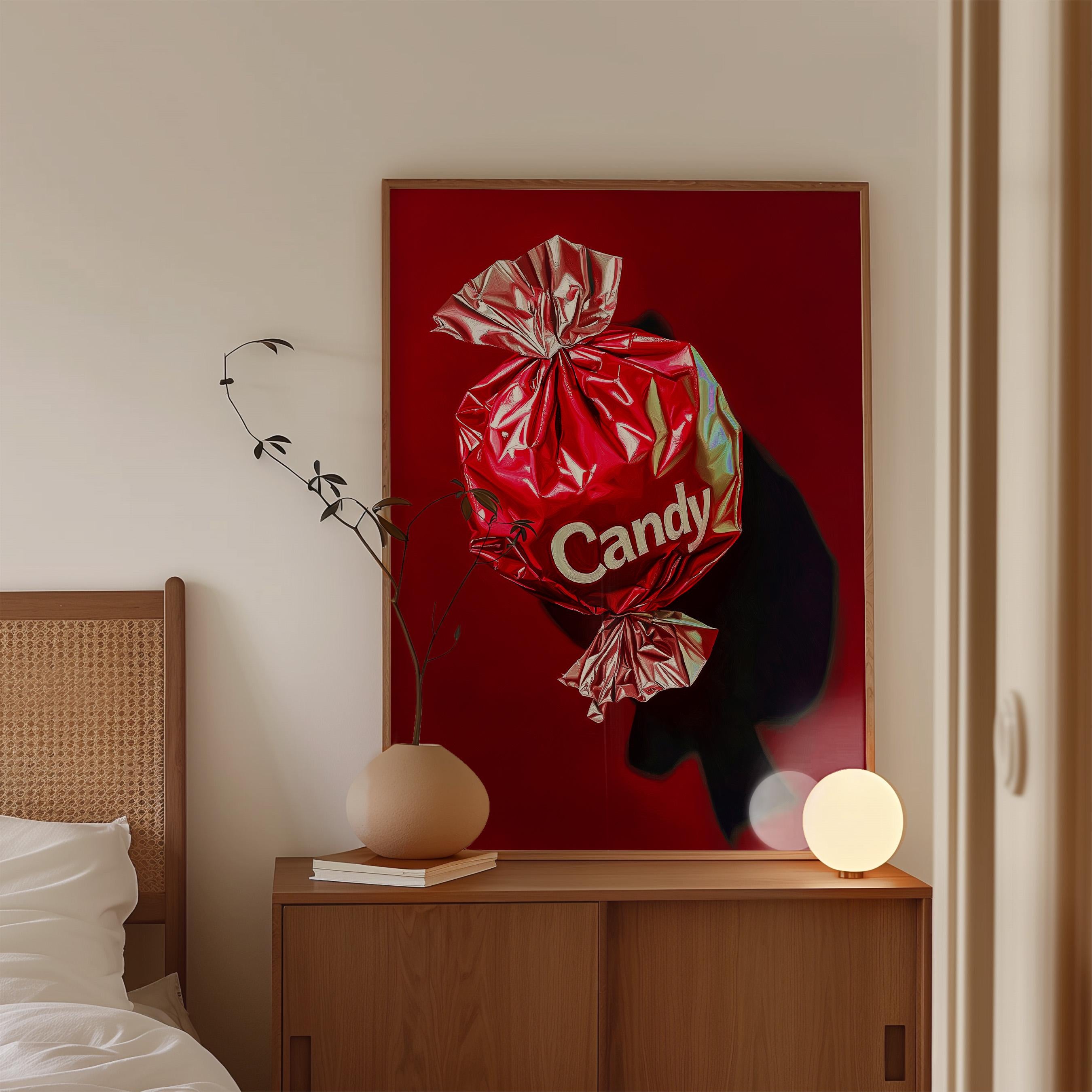 Red Candy Wrapper Art Print for Bold Modern Decor
