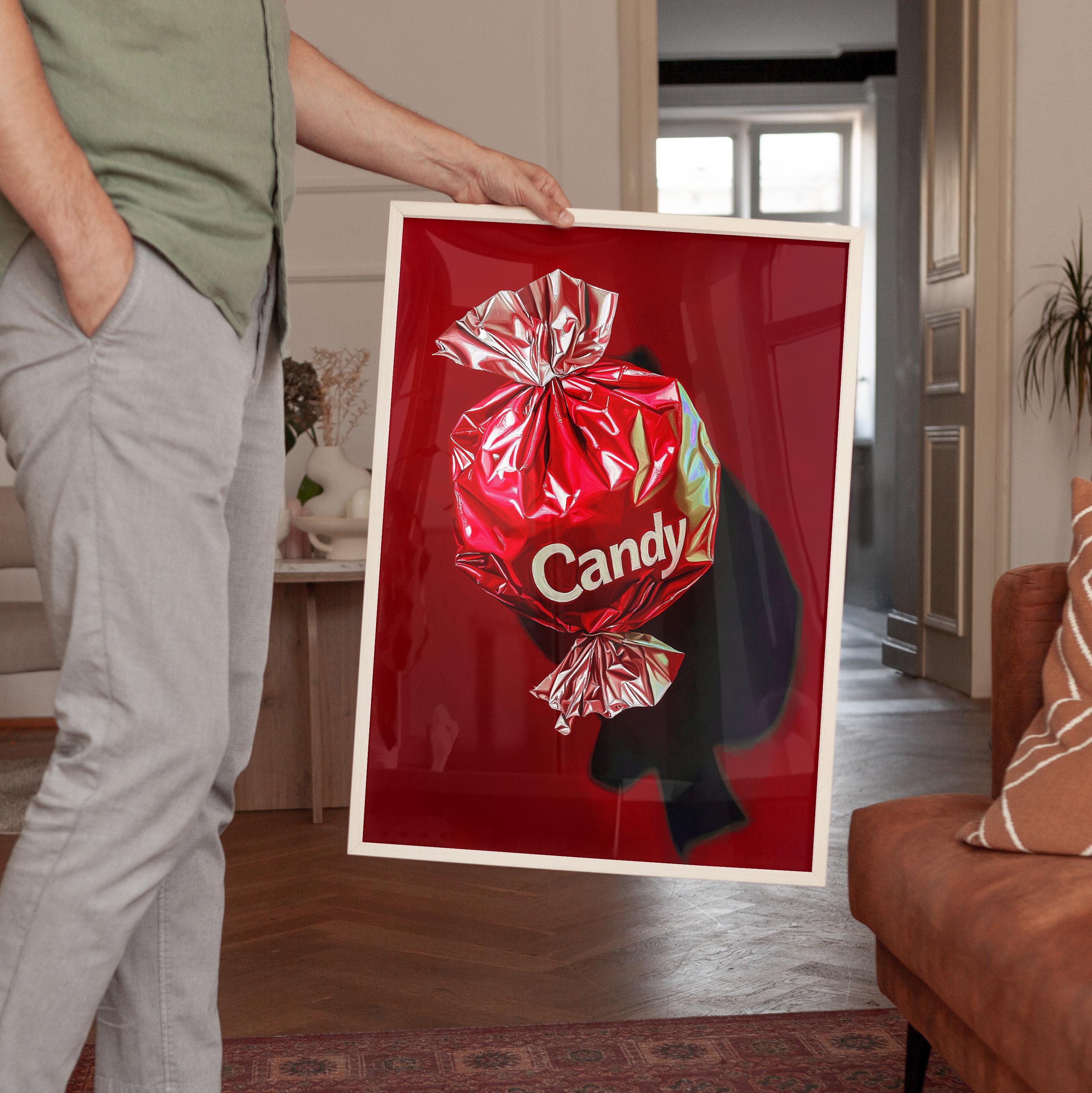 Red Candy Wrapper Art Print for Bold Modern Decor