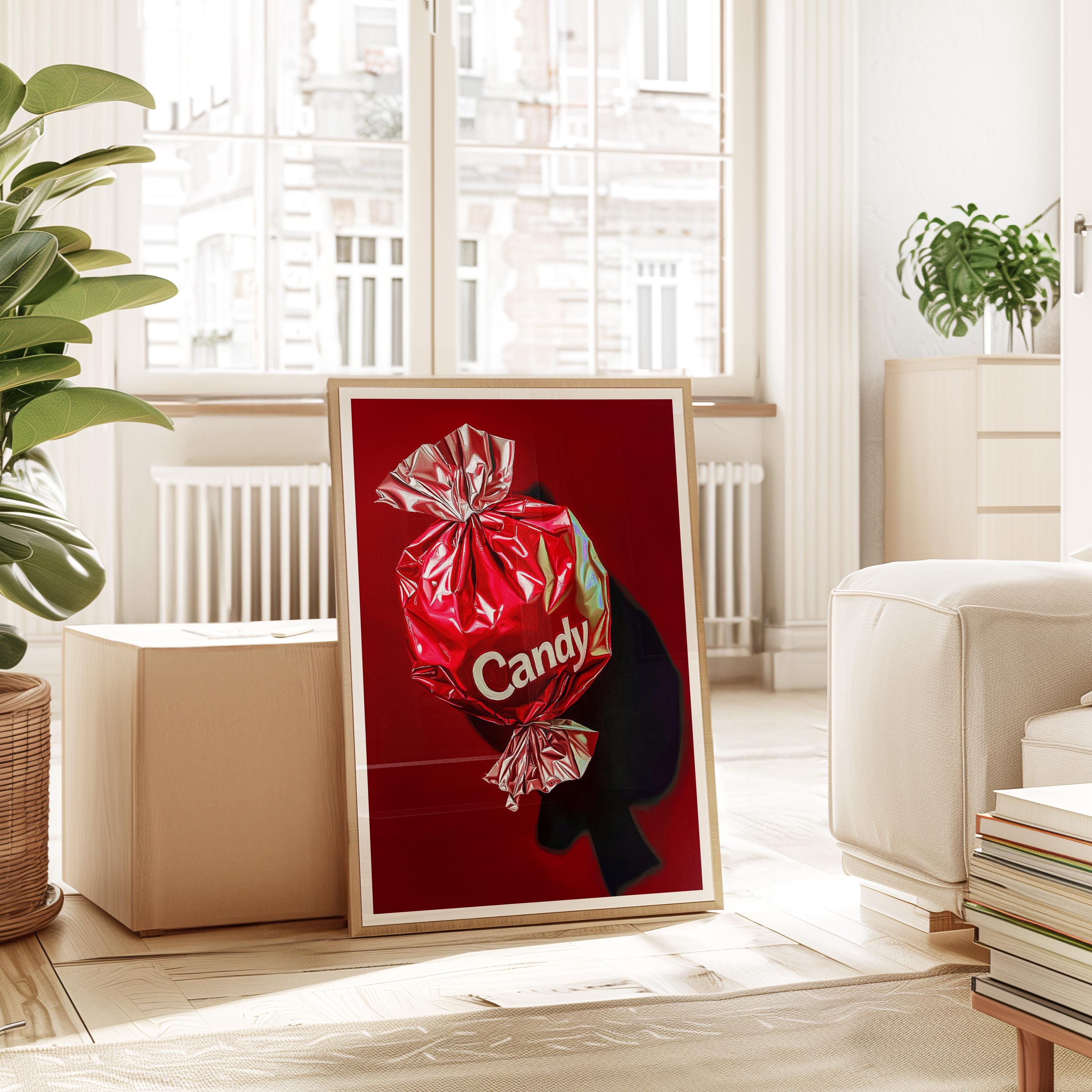 Red Candy Wrapper Art Print for Bold Modern Decor