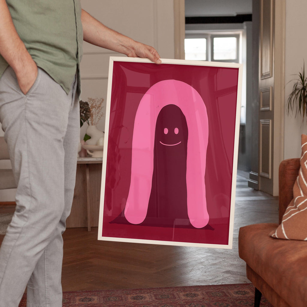 Pink Ghost Character Art Print for Playful Modern Decor