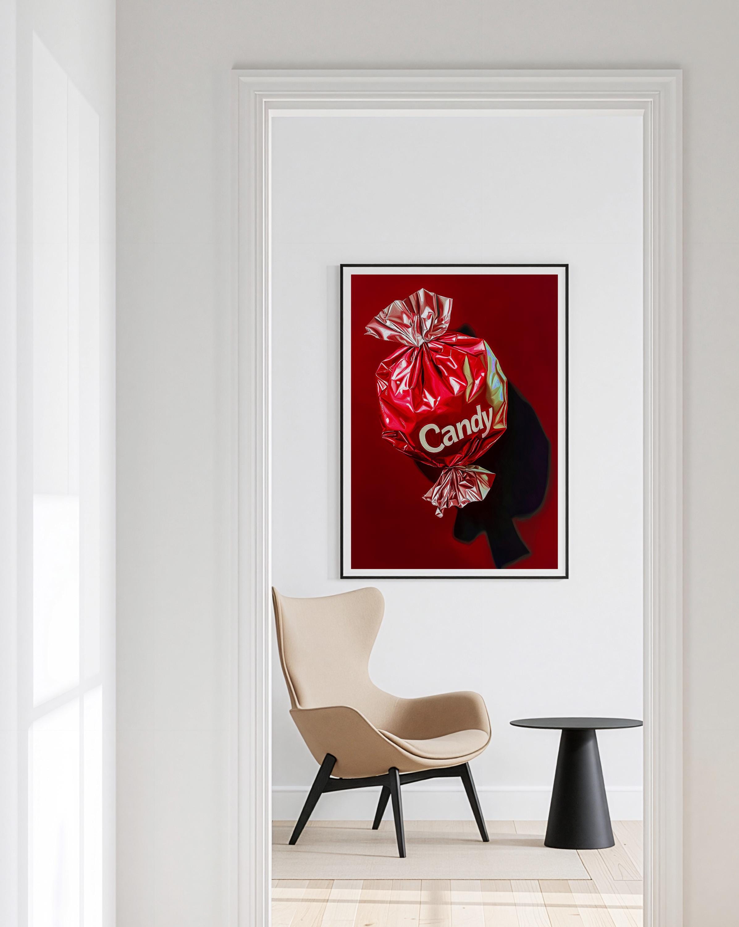 Red Candy Wrapper Art Print for Bold Modern Decor