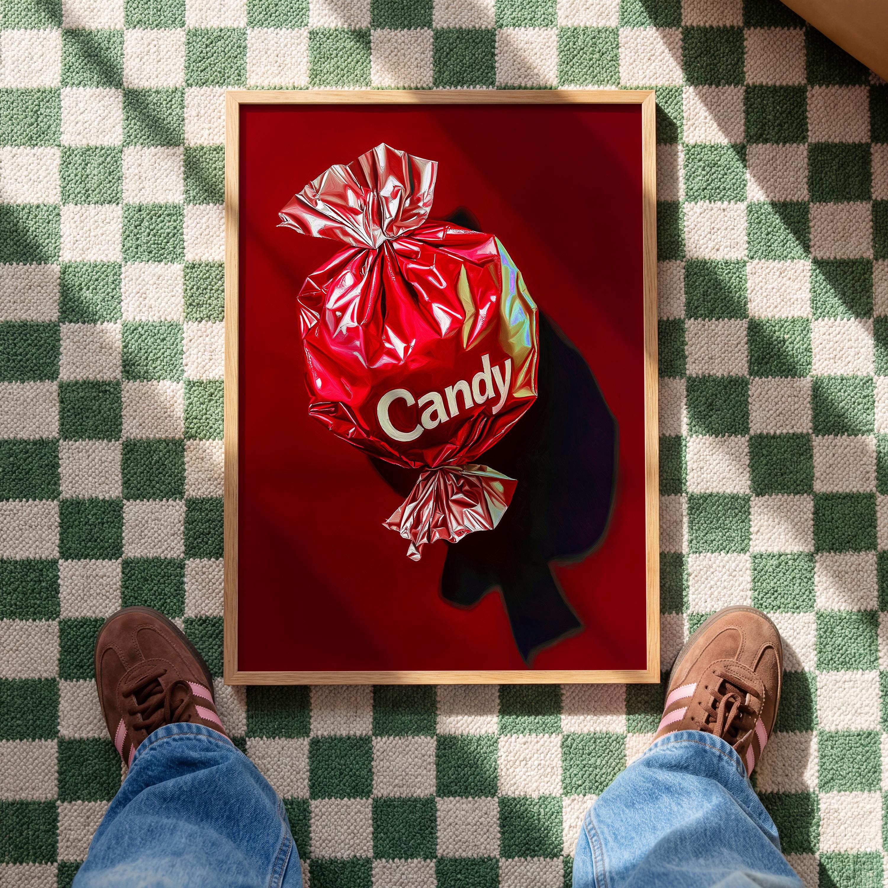 Red Candy Wrapper Art Print for Bold Modern Decor