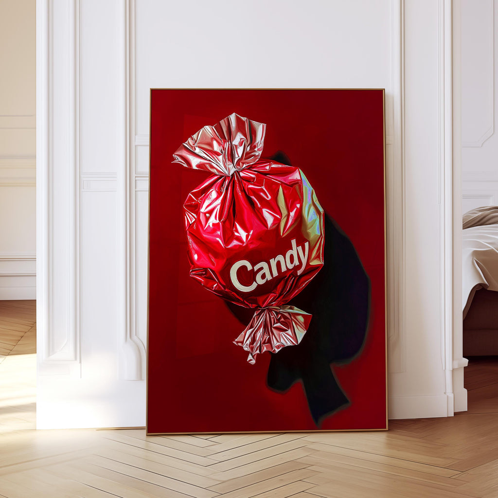 Red Candy Wrapper Art Print for Bold Modern Decor