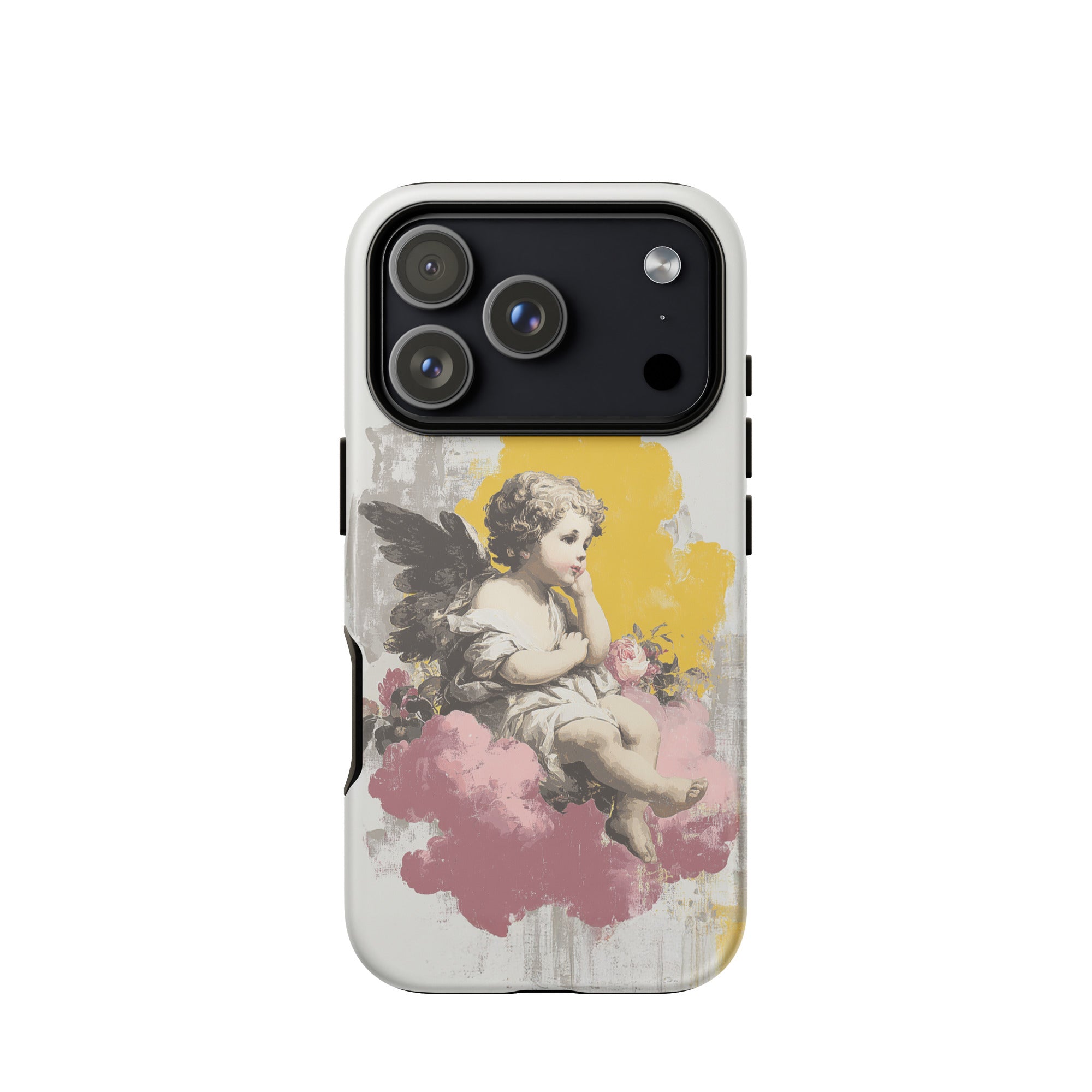 vintage iPhone case featuring cherub angel sitting on pink clouds with yellow background