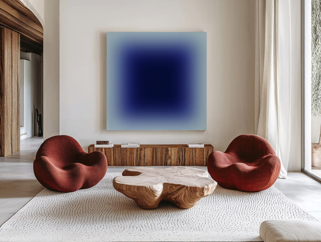 Large modern wall art featuring deep blue gradient square design in natural light interior.