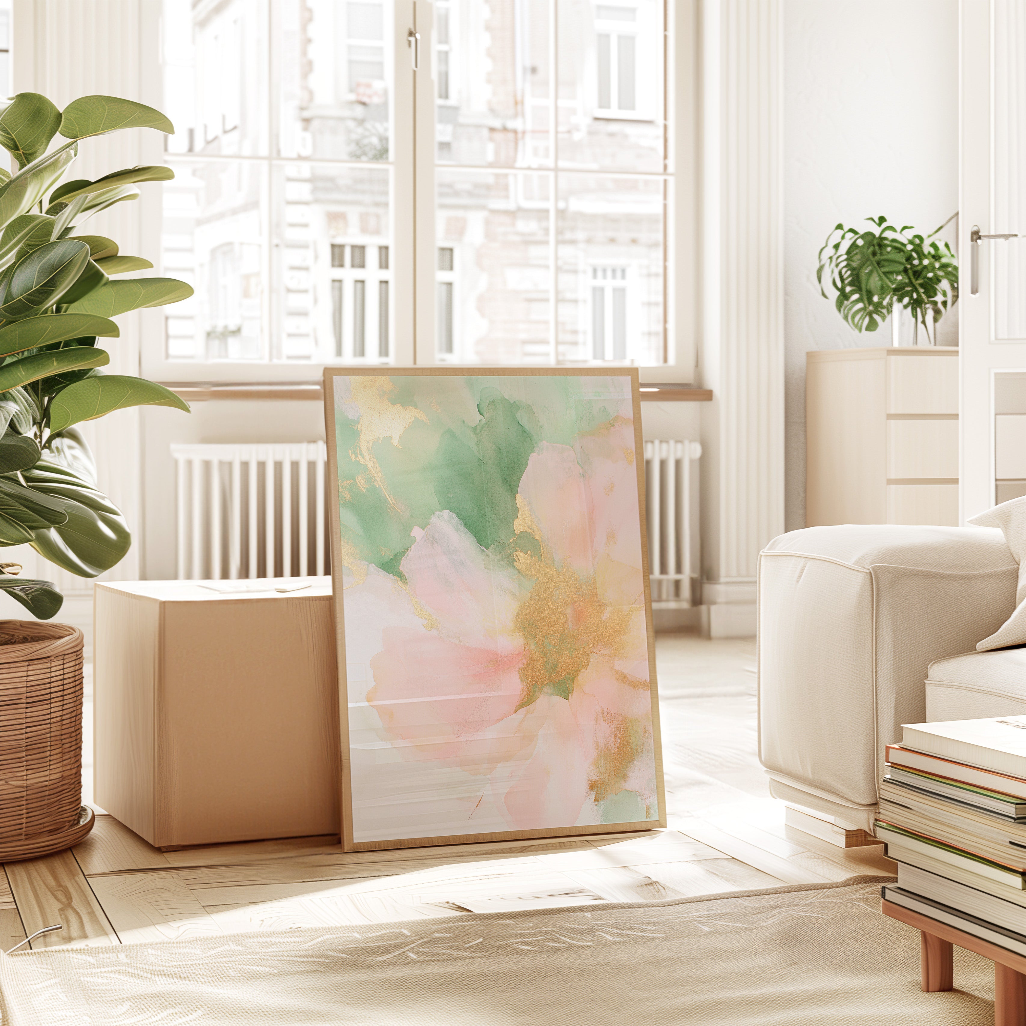 soft watercolor flower painting featuring peach petals and metallic gold highlights