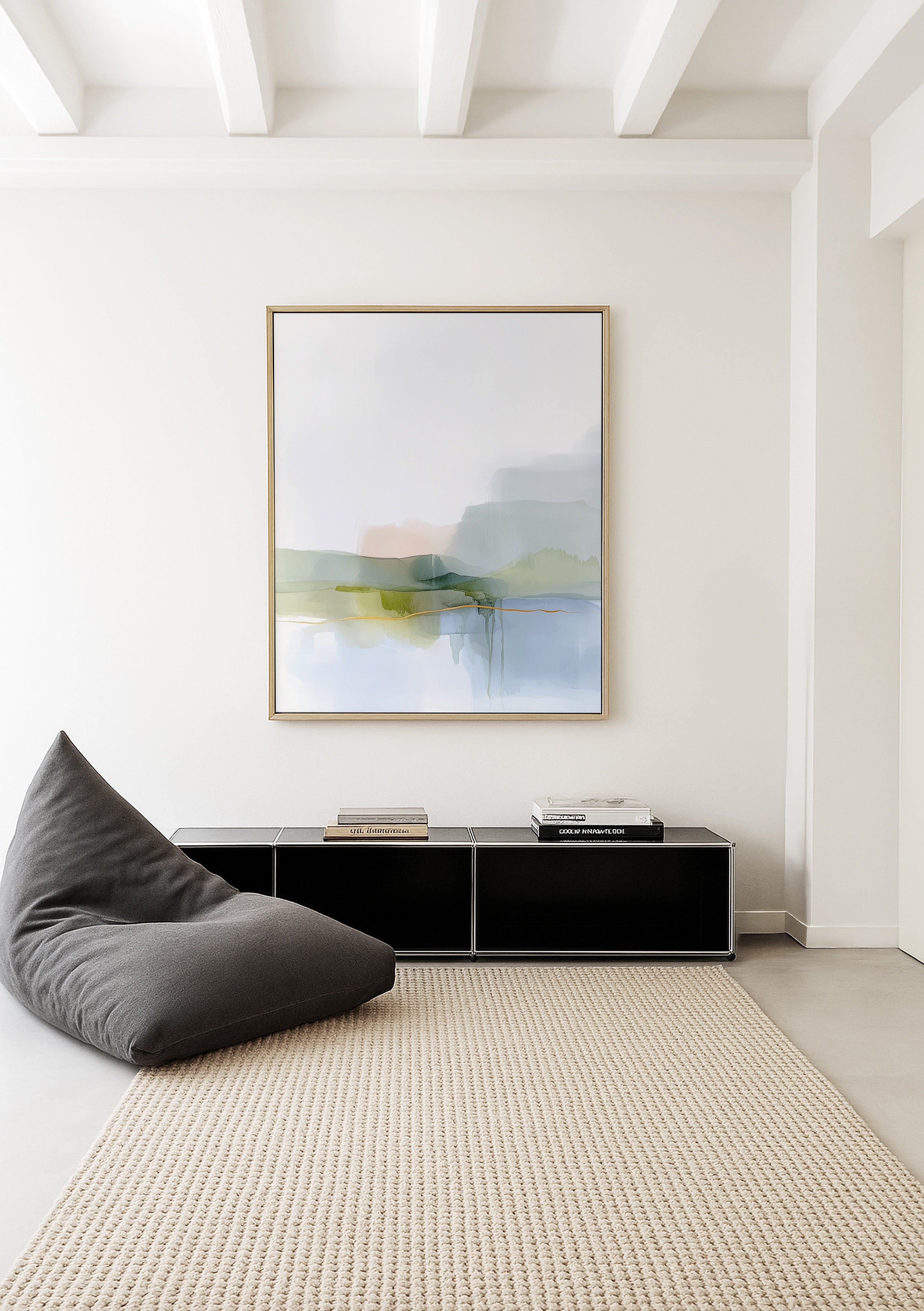 Golden Valley – Framed Canvas -serene landscape abstract painting blending blue, sage, and beige layers