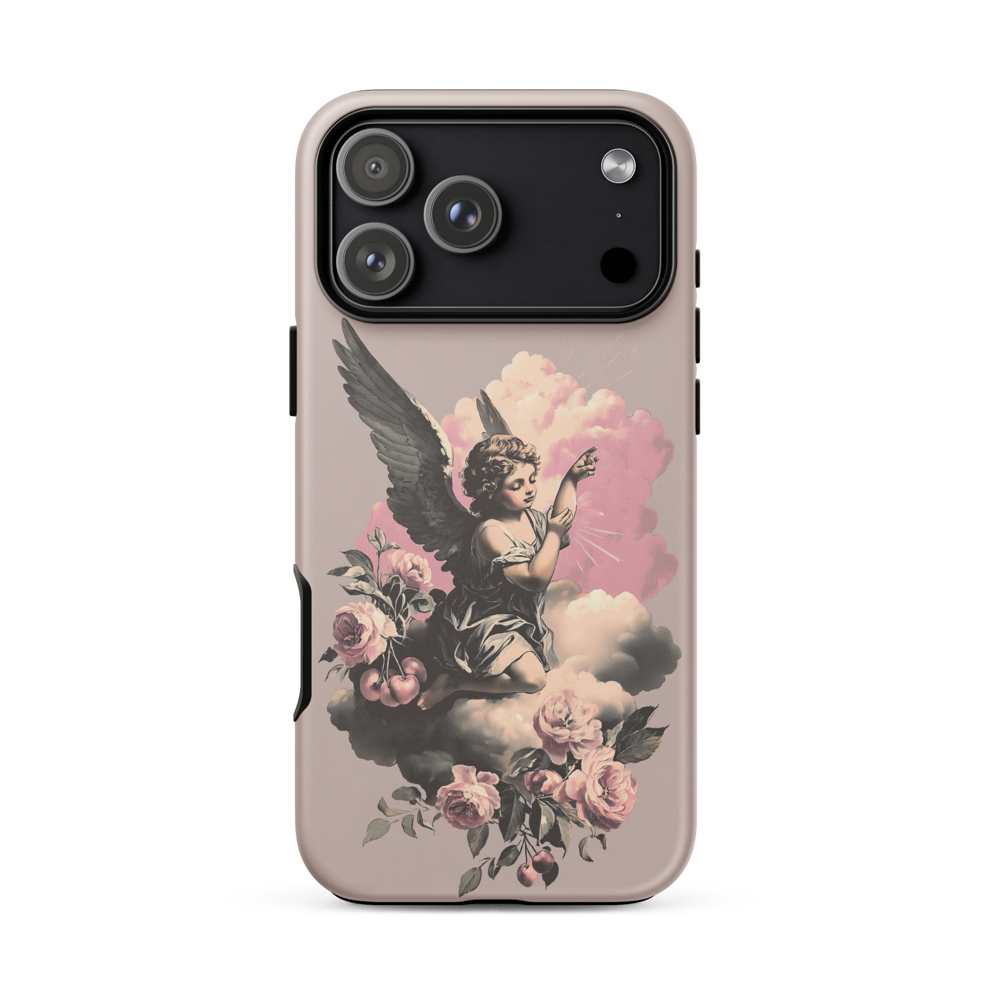 iPhone case featuring vintage angel sitting on pink clouds with floral and cherry details
