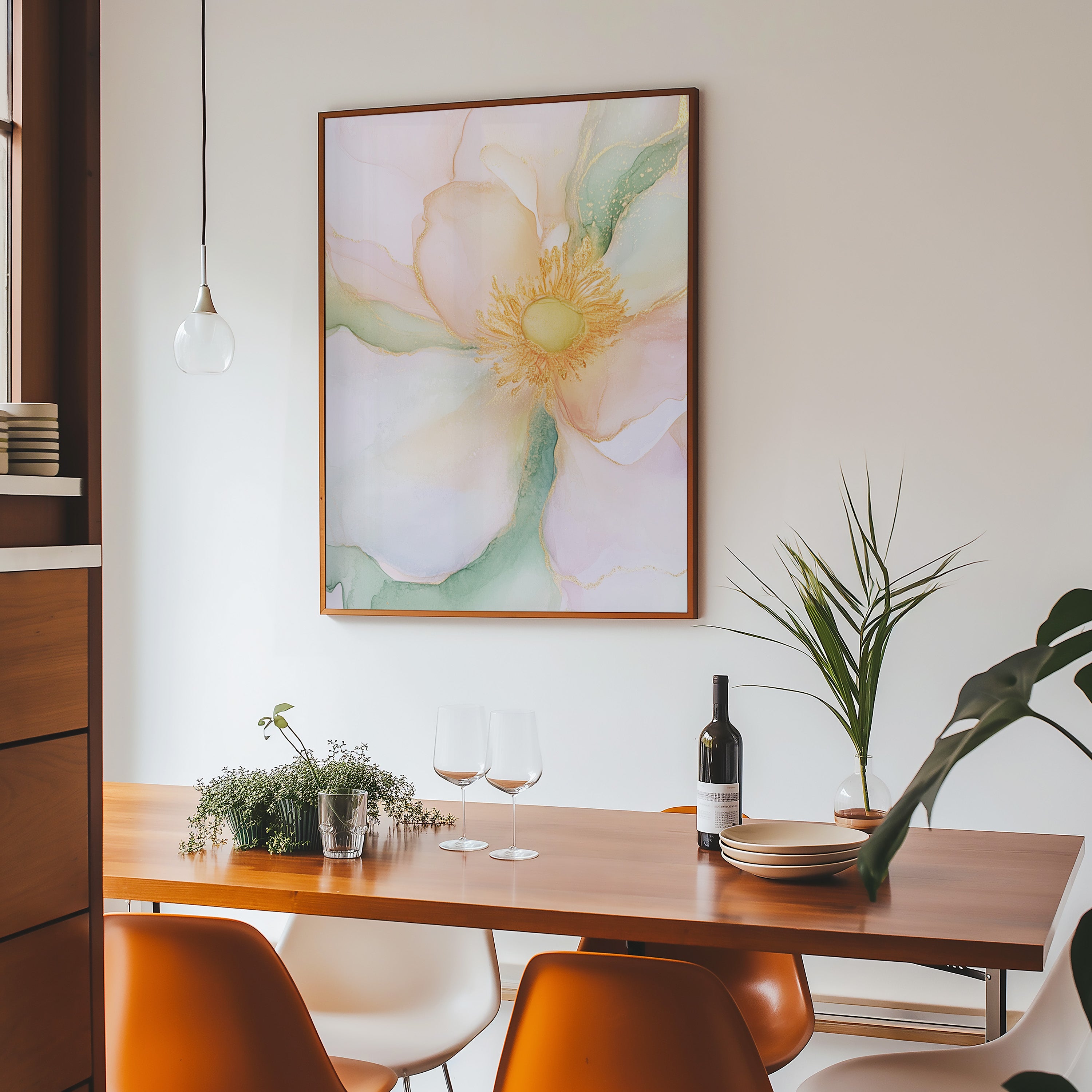 delicate flower painting featuring light blush petals and shimmering golden center