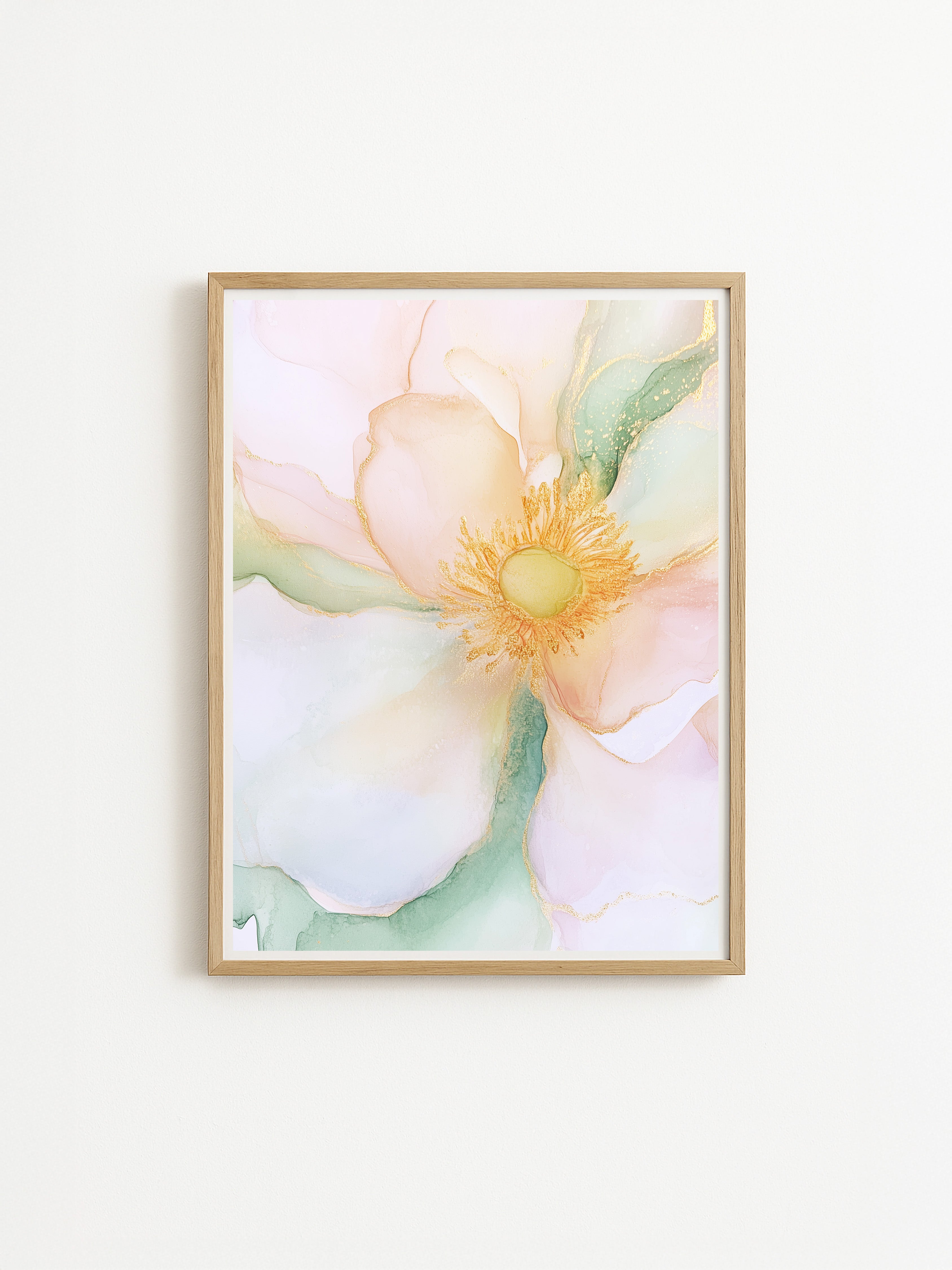 abstract pastel floral artwork blending mint, peach, and metallic gold hues