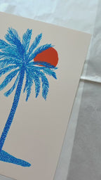 Blue Palm Tree Wall Art Print, Coastal Wall Decor, Tropical Minimalist Art, Beach House Printable, Mediterranean Wall Art