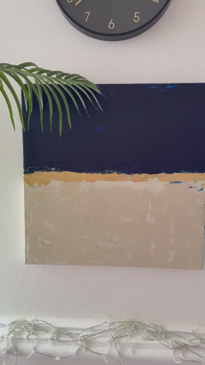 Original Acrylic Painting, Navy Blue Cream Abstract Canvas Art, Gold Leaf Wall Art, Minimalist Modern Painting