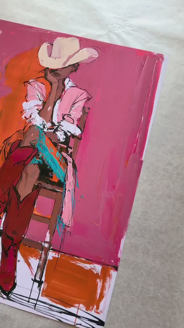 Western Cowgirl Art Print, Pink Cowgirl Wall Decor, Modern Rodeo Painting