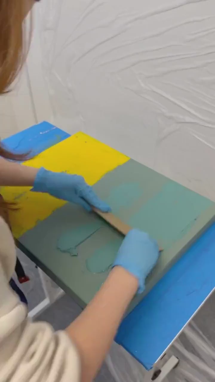 Original Abstract Painting, Teal Mustard Color Block Art, Gold Accent Canvas