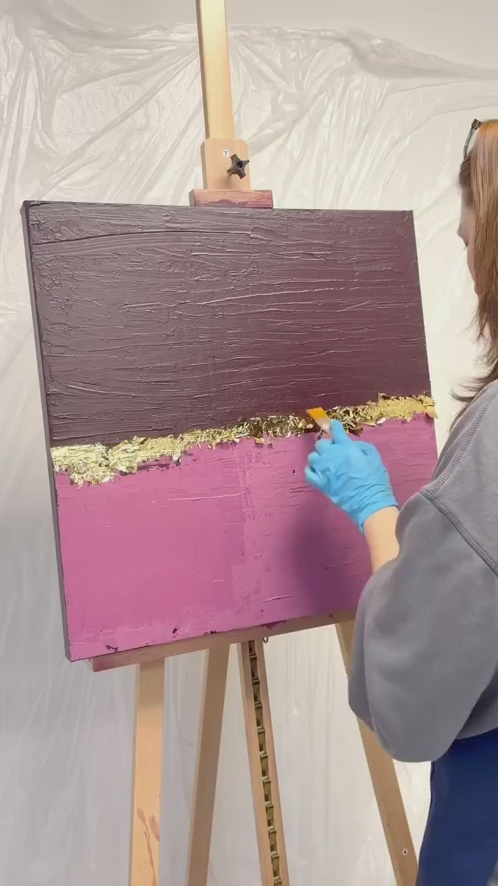 Original Abstract Painting, Gold Leaf Wall Art, Burgundy Pink Canvas Art, Textured Minimalist Modern Painting, One of Kind Wall Paint