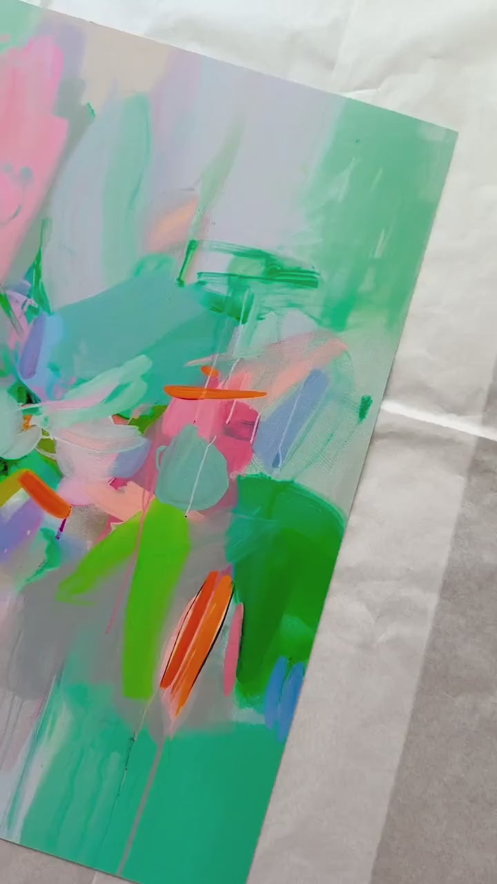 Mint Bloom Abstract Art Print | Pastel Green & Coral Painting | Modern Colorful Wall Decor