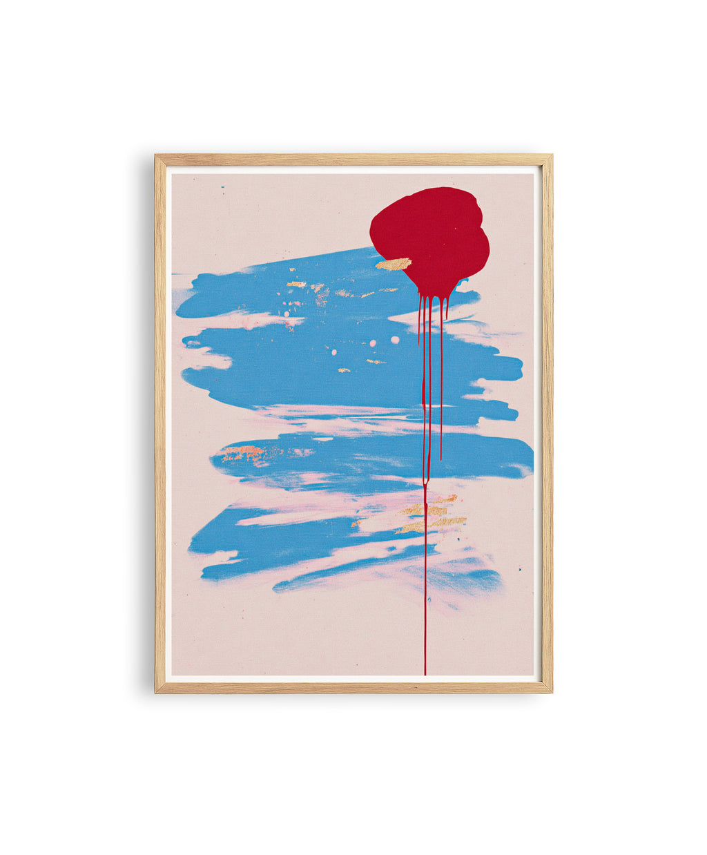 Abstract Art Print, Blue Brush Stroke Red Drip Painting, Modern Neutral Canvas Decor