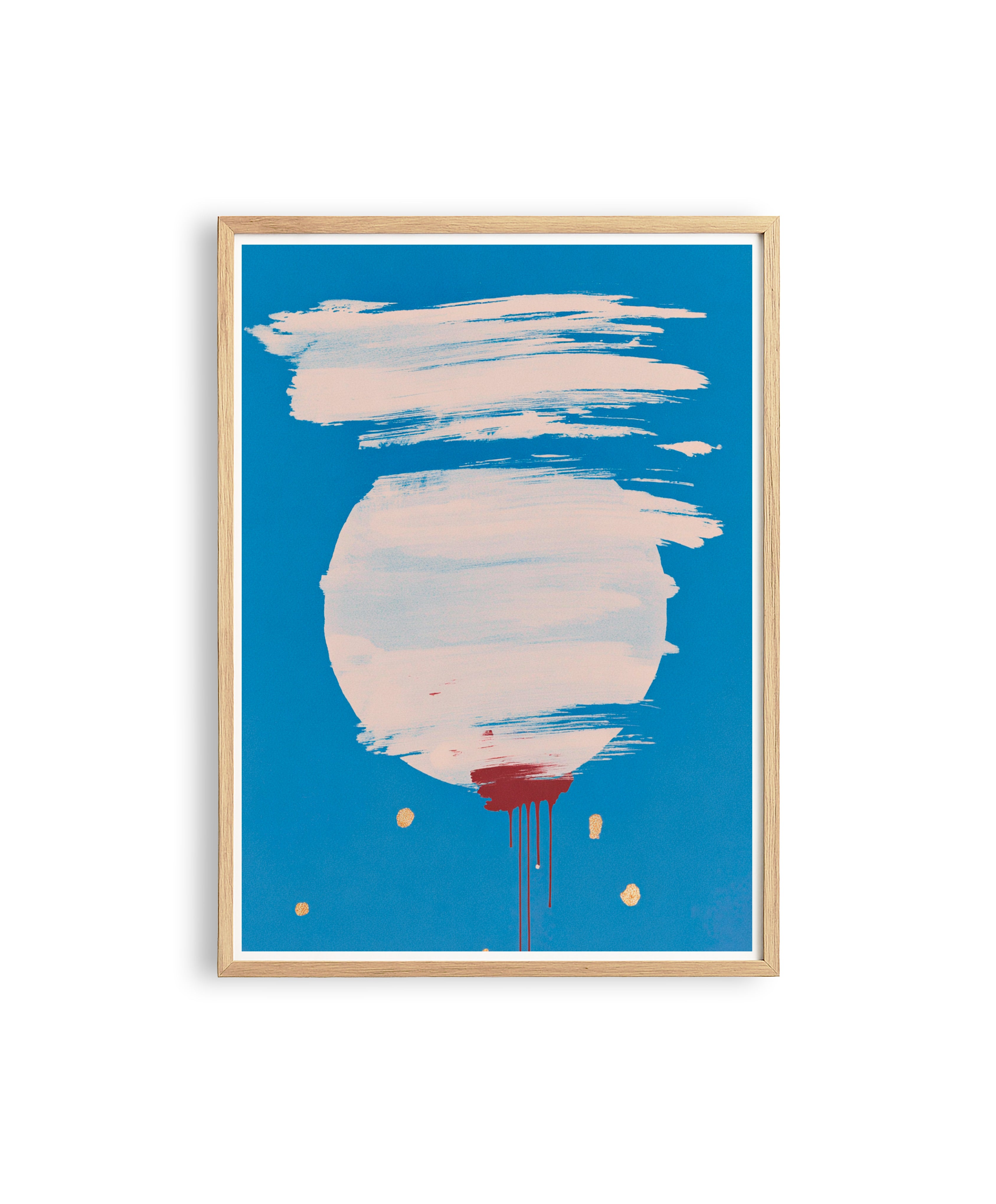 Abstract Blue Circle Print, White Brush Stroke Red Drip Art, Modern Gallery Decor