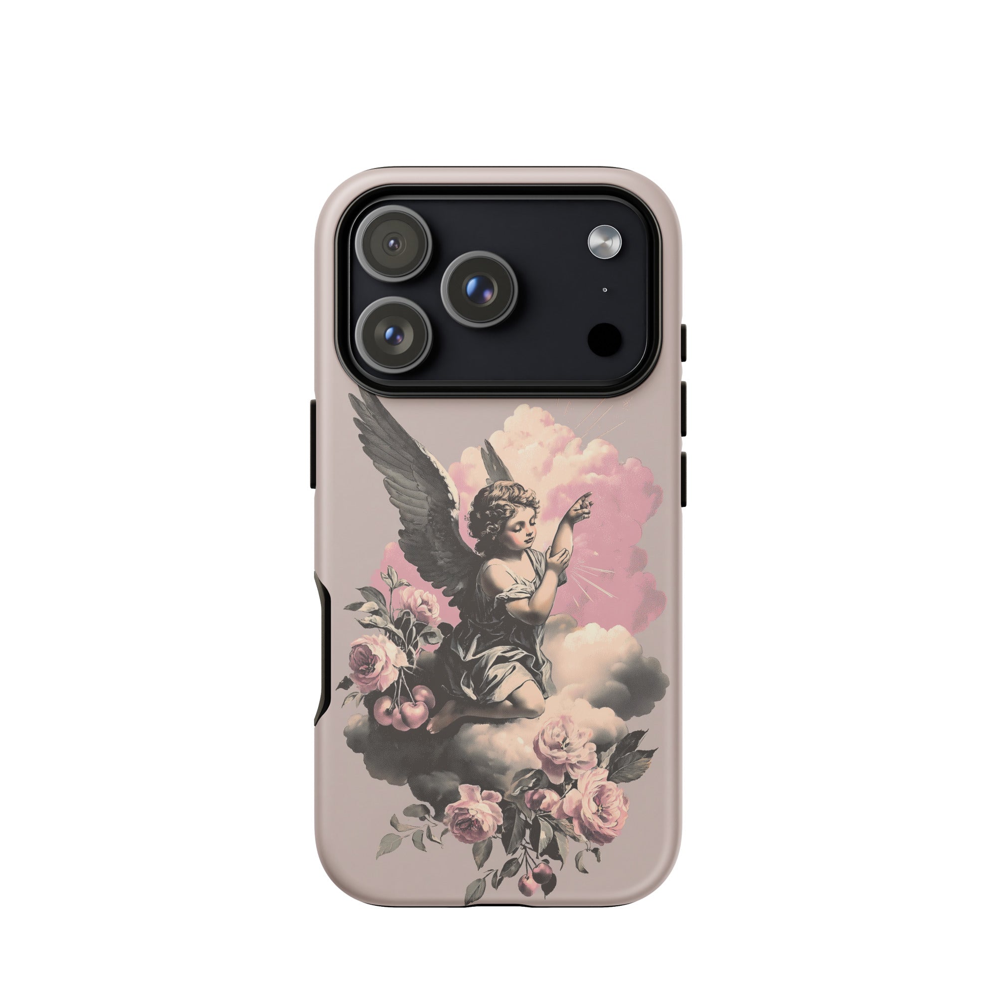 elegant cherub iPhone case design with soft beige background and rose flowers