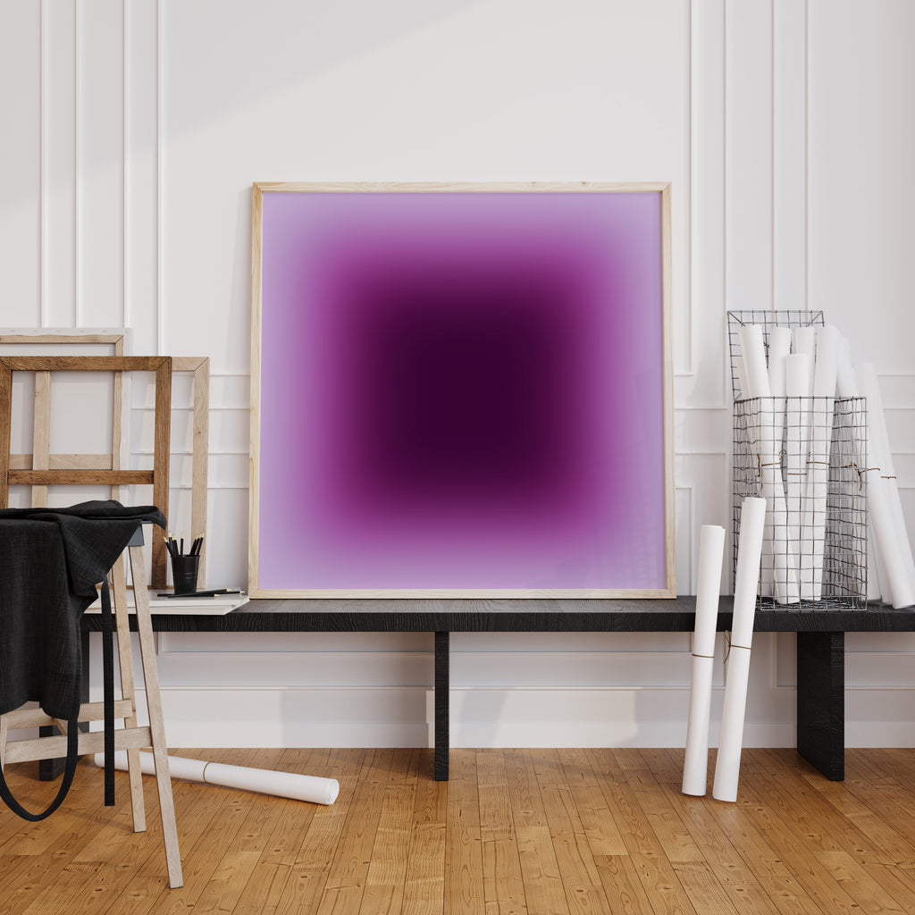 Violet gradient wall print with luminous edges and deep center for minimal decor.