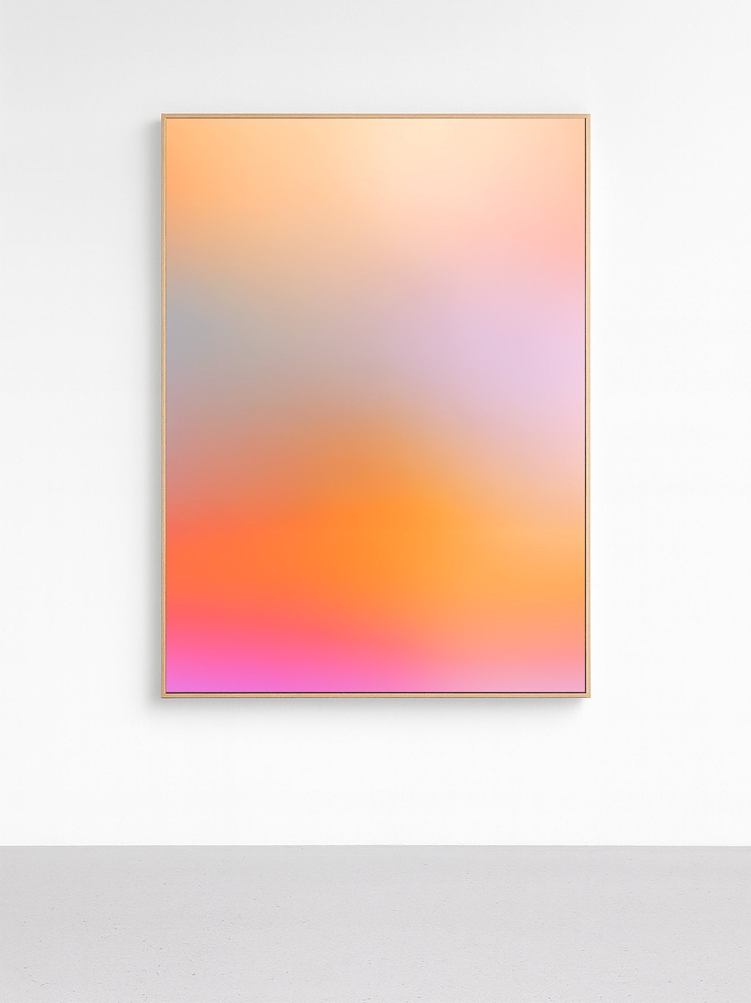 Warm sunset gradient framed canvas wall art with soft pink, orange, lilac, and gray hues — modern abstract décor for living room or studio.